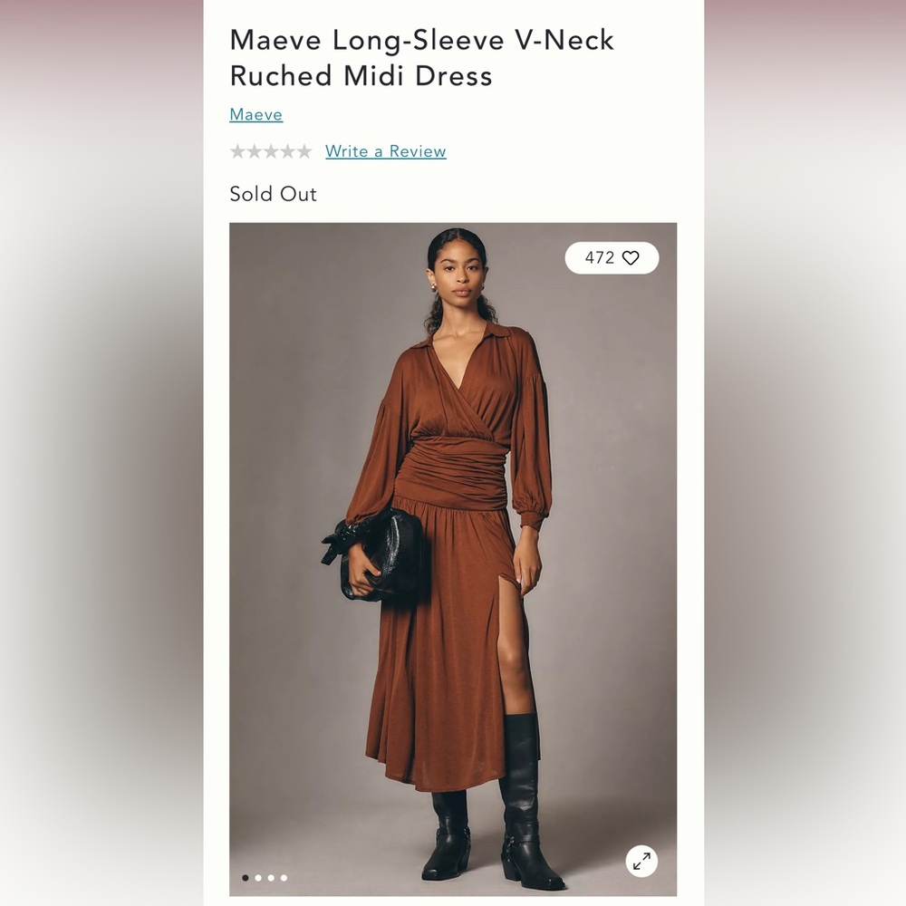Maeve Long-Sleeve V-Neck Ruched Midi Dress